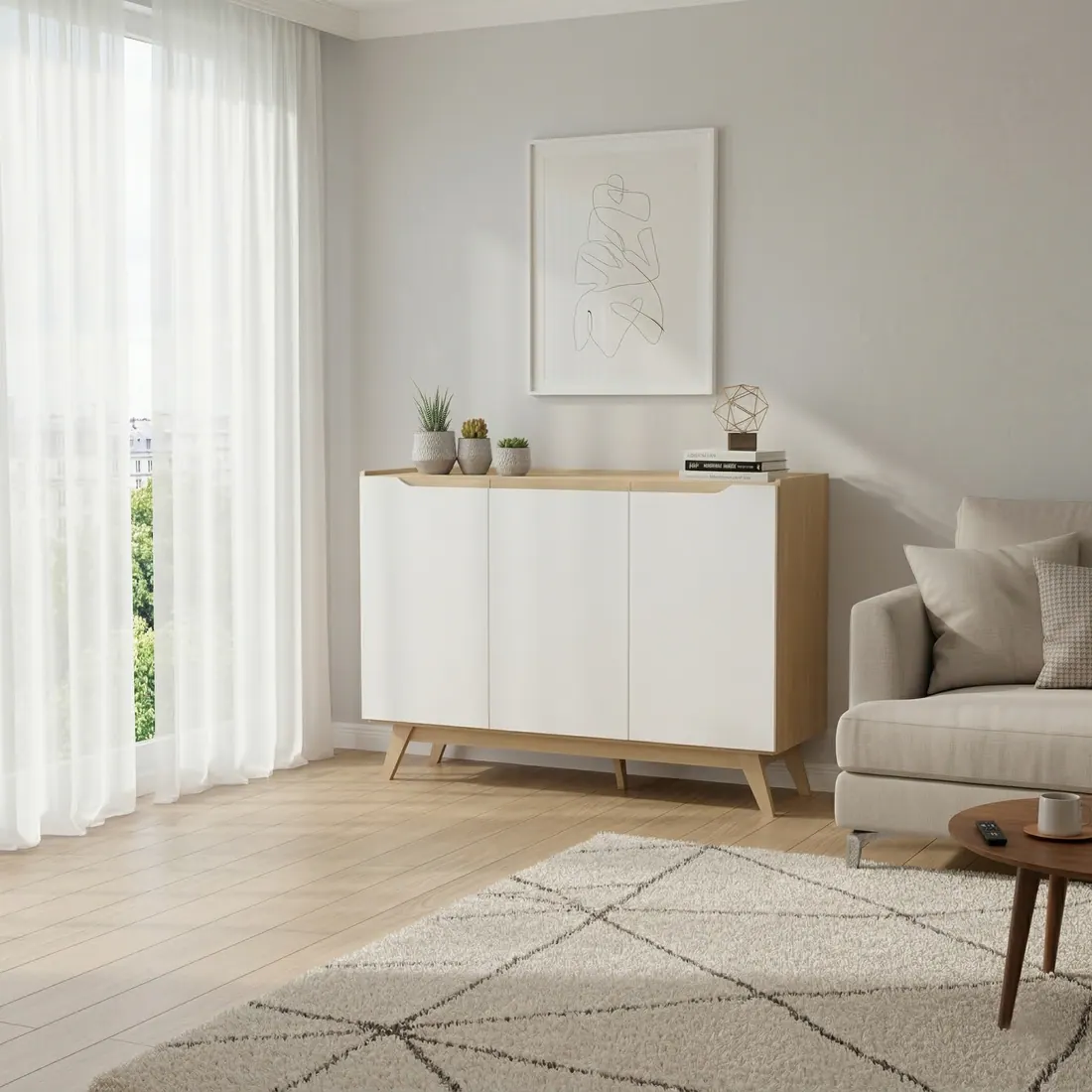 Bahiut VIND, 3 puertas y estantes, patas madera