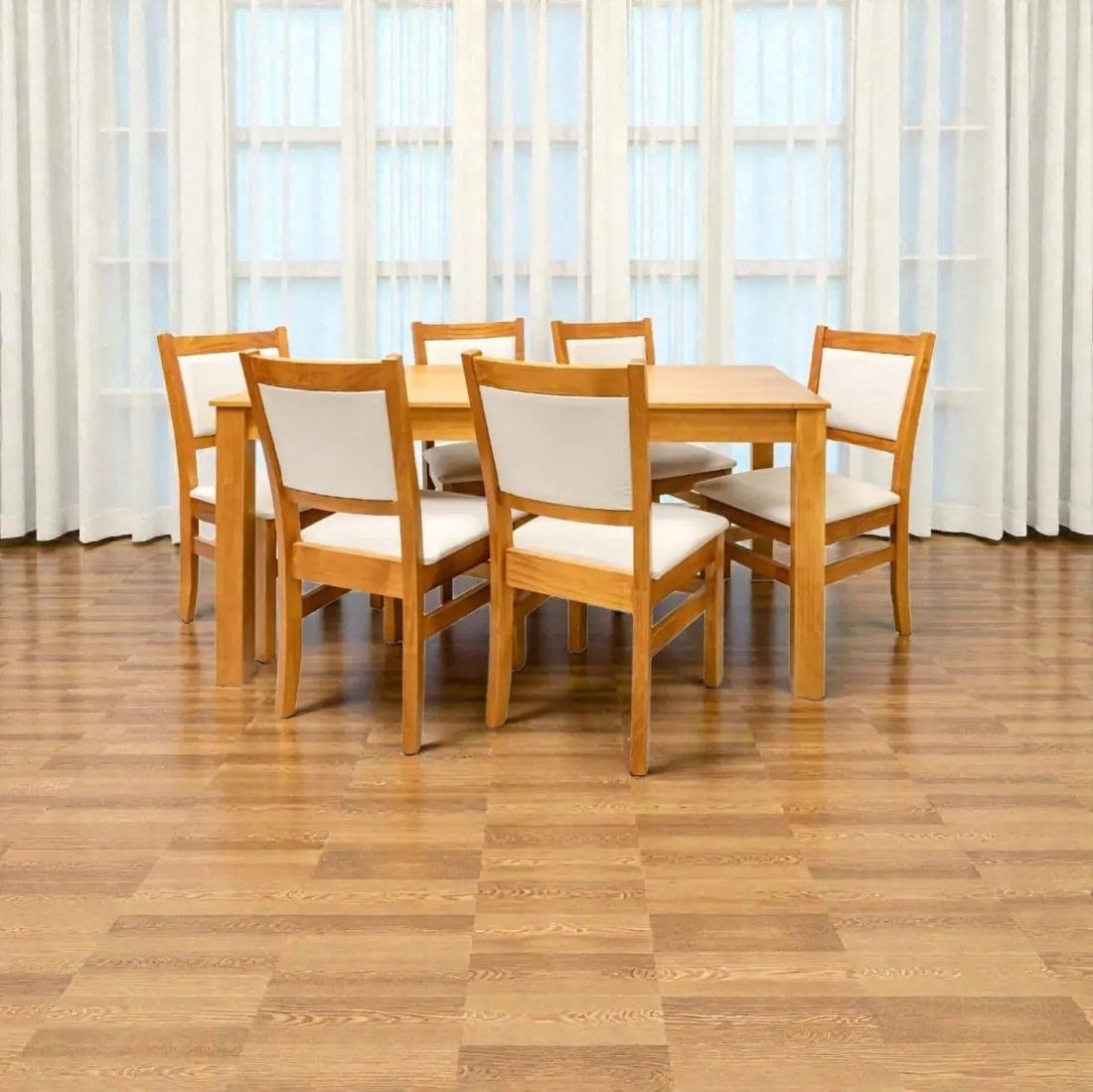 Juego de comedor 1,60 x 0,80 m Laqueado para 6 sillas con respaldo tapizado
